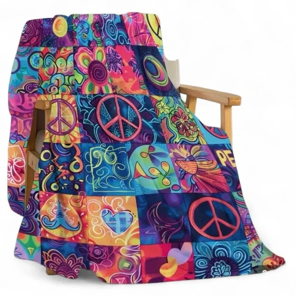 Hippie Peace Symbol Psychedelic Patterned Flannel Blanket NWT - Picture 2 of 4